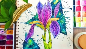 Easy Watercolor Iris Flower Painting with Galaxy Background